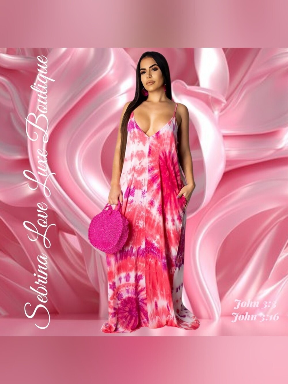 Brand New Hippie Boho Festival Tie-Dye Pink Maxi Dress with Spaghetti Straps